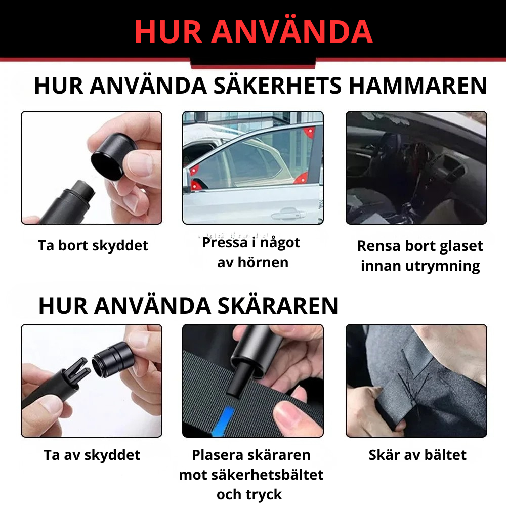 Bilnödhammare med glasbrytare och bälteskärare