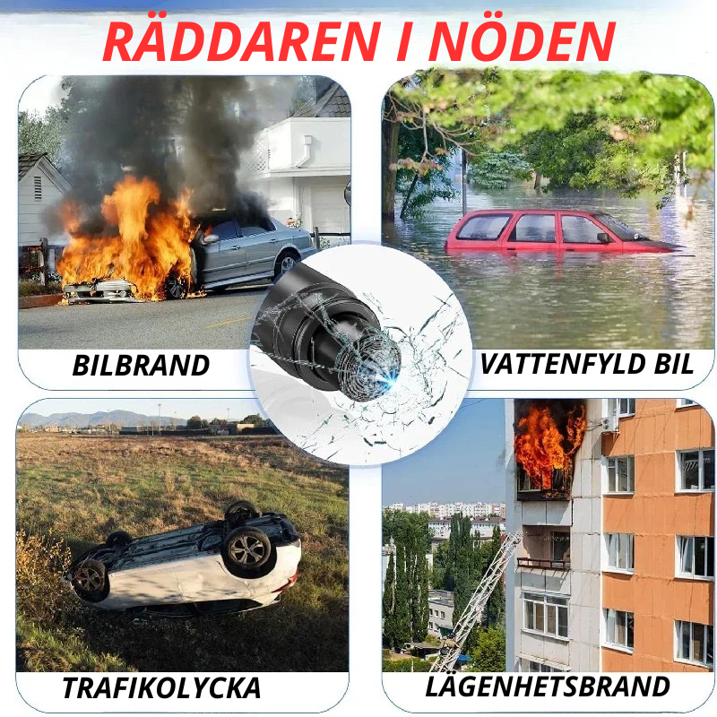 Bilnödhammare med glasbrytare och bälteskärare