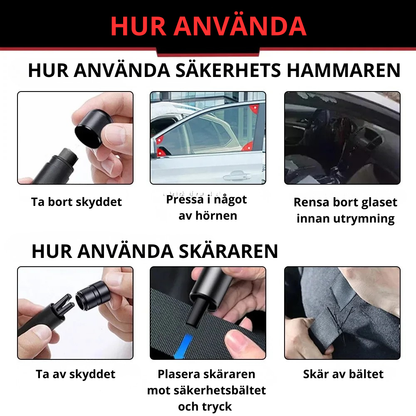 Bilnödhammare med glasbrytare och bälteskärare